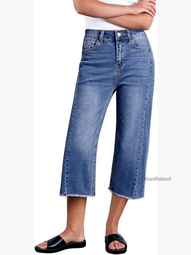 High Waisted Wide Leg Capri Jeans Stretchy Raw Hem Denim